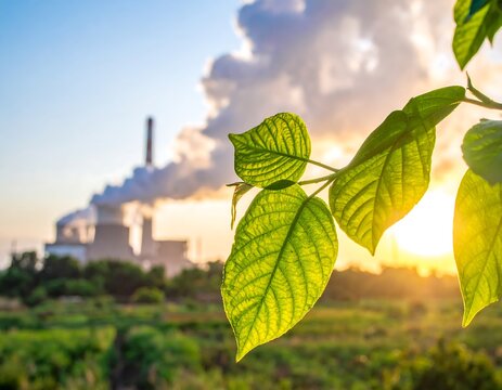 Close-up of green leaves with a backlit effect from a setting sun. A distant industrial landscape belches smoke