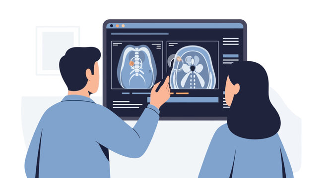 Doctors analyzing MRI scan of spine on digital screen, medical consultation