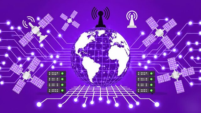 A detailed 2D vector animation featuring a spinning planet Earth connected to servers, broadcasting towers, and orbiting satellites with flashing digital circuitry lights across a vibrant purple backd