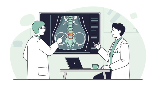 Doctors analyzing MRI scan of spine, medical consultation, healthcare teamwork