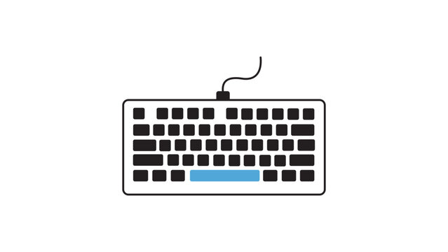 Modern Mechanical Keyboard Vector Icon Illustration with Editable Stroke. Flat design computer peripheral with blue spacebar and cable on white background for tech, gaming, and office concepts.