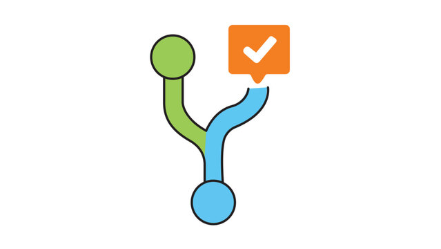 Modern Flat Vector Icon of a Pull Request with a Branching Path and Checkmark, Ideal for Software Development, Git Version Control, and Coding UI, Featuring Editable Stroke for Customization.