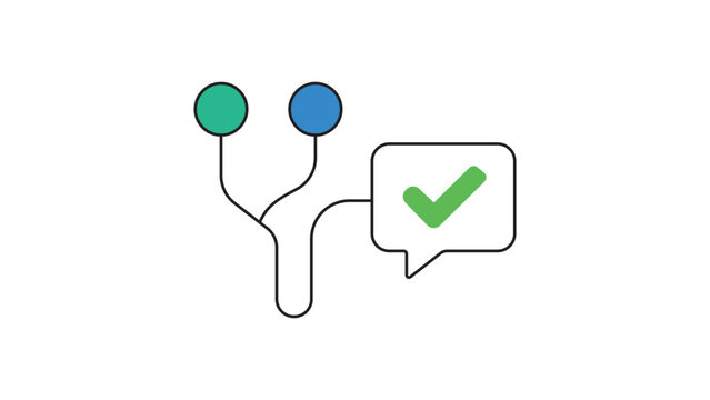 Pull Request Editable Stroke Vector Icon. A modern flat illustration on a white background representing a code merge or branch update with a checkmark in a speech bubble for version control.