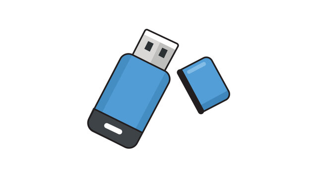 Blue USB Flash Drive Vector Icon Illustration with Editable Stroke. Modern Flat Design Memory Stick with Removable Cap for Data Storage and Technology Projects, Isolated on White Background.