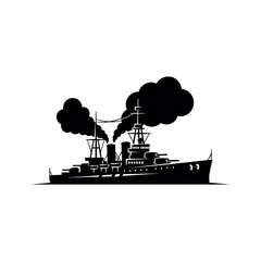 Silhouette of a historical steampowered warship emitting smoke. © Shena