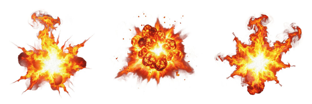 Set of Three Fire Explosions with Burning Orange Flames and Smoke Realistic Destructive Blasts for Action Design and Cinematic Effects Isolated on White Background PNG Without Logo