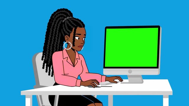 An animated woman with braided hair working at a desk on a computer with a prominent green screen monitor. This versatile graphic is perfect for remote work themes, tech support videos, and software d