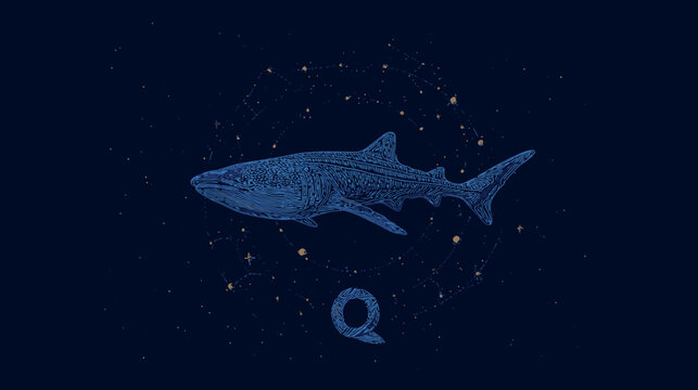 Artistic illustration of a whale shark swimming in deep ocean water with stars