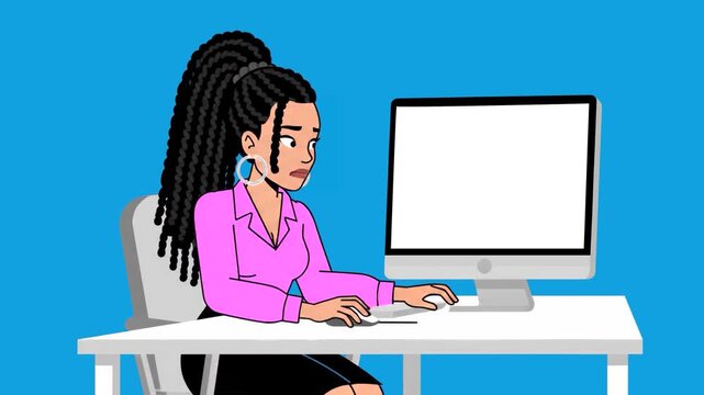 A character with long braids wearing a pink shirt works at a desktop computer with a blank screen. The vibrant comic-book art style is suitable for tech blogs, freelance themes, or gaming content.