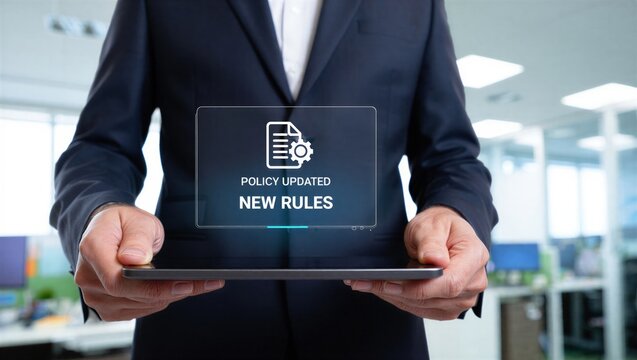 Business professional holding tablet with policy updated notification, Corporate compliance, new rules implementation, governance management, regulatory change, and digital documentation process.