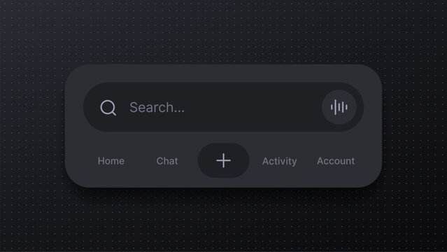 Dark mode search bar interface with navigation menu for mobile application. Modern UI design element with input field and button icons. Vector system control for digital software app.