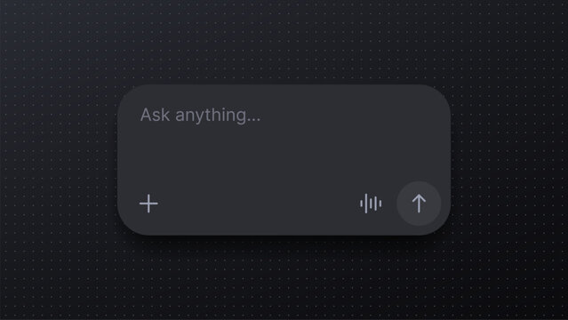 Chat interface input field with ask anything prompt. User experience design element for artificial intelligence interaction. Modern dark mode digital communication box for computer app.