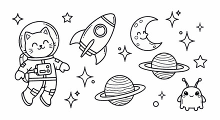 Cute Astronaut Cat and Space Elements Doodle Illustration. © Wita