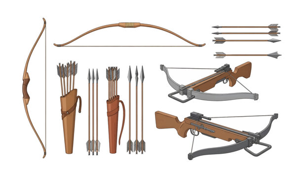 Collection of Crossbows and Arrows for Hunting.