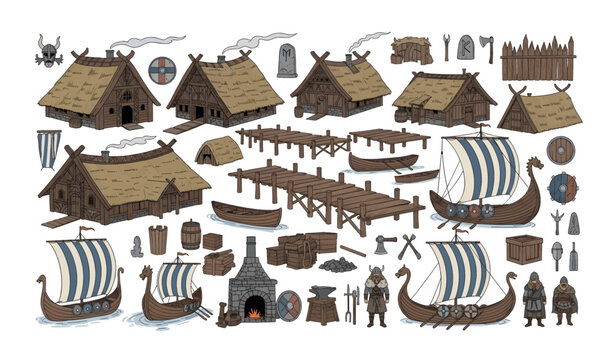 Collection of Viking ships and village houses.