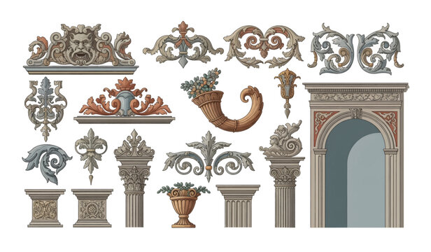 Collection of Ornate Architectural Decorative Elements Details.