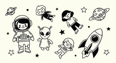 Cute Cartoon Space Exploration Doodles with Astronauts Aliens and Rockets. © Wita