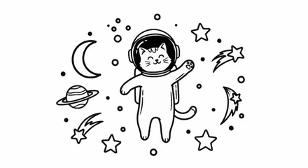 Cute Cat Astronaut Floating in Space with Stars and Planets. © Wita