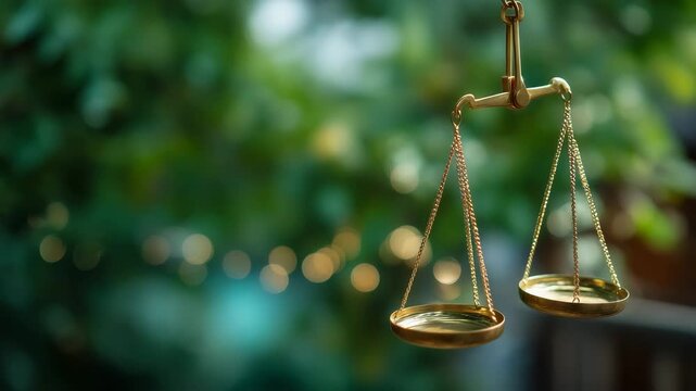 Golden balance scales on blurred green background, justice and equality concept, law and fairness symbol with copy space