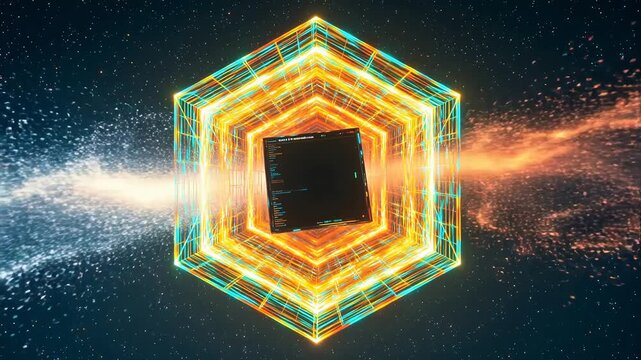 Futuristic glowing cube in space perfect for real estate and architectural showcases