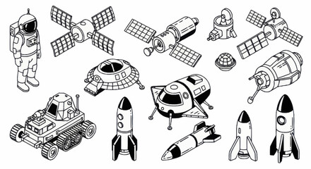 Detailed collection of space exploration vehicles and astronaut in outline style. © Wita