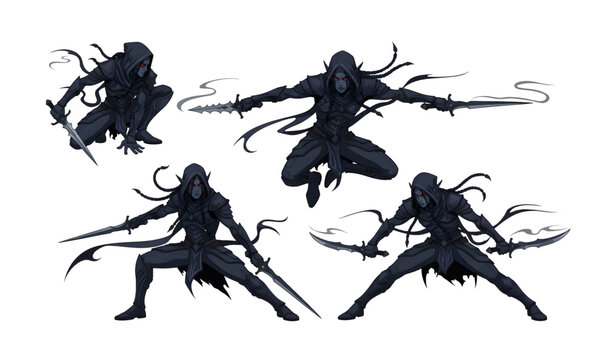Collection of Silhouette of four female ninjas fighting.