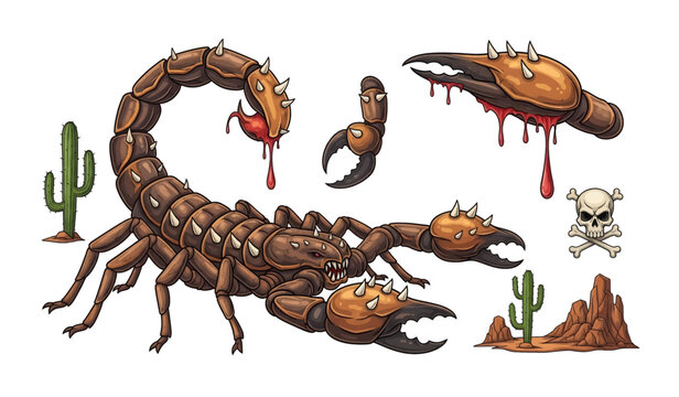 Collection of Scorpion with severed claw and blood.