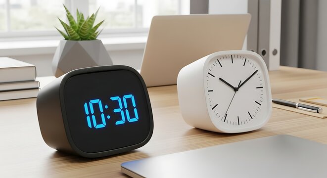 Two clocks on a wooden desk in a room with a laptop and books