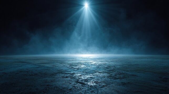 Dramatic spotlight illuminates a textured stage floor with a smoky atmosphere and mystery