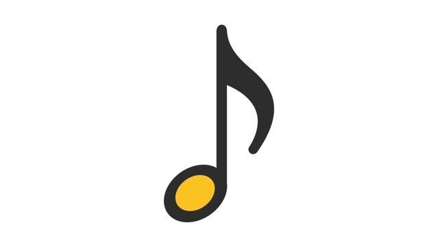 Modern flat vector icon of an eighth note music notation symbol with a yellow notehead and black stem, isolated on white. Scalable hand-traced illustration for creative musical design and media art.