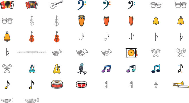 50 Musical Instrument and Notation Vector Icon Set Bundle with Editable Stroke. Minimalist Black Line and Flat Icons of Guitar, Drums, Trumpet, Flute, Cello, Notes, Metronome, and Music Symbols.