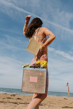 Beach Fashion: Floral Tote With Basket Of Flowers