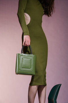Olive Green Dress With Side Cutout And Bag