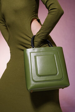 Elegant Green Leather Handbag And Olive Dress Ensemble