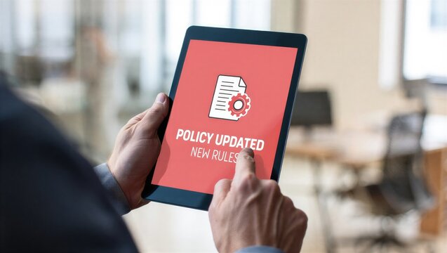 Business professional holding tablet with policy updated notification, Corporate compliance, new rules implementation, governance management, regulatory change, and digital documentation process.