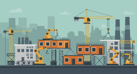 Naklejka premium Automated construction site with robotic arms and cranes assembling modular buildings.