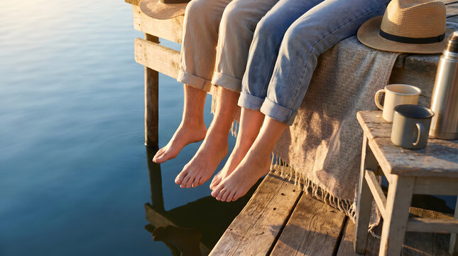 Bare feet and legs of three people dangling from a wooden dock over calm water at sunset.