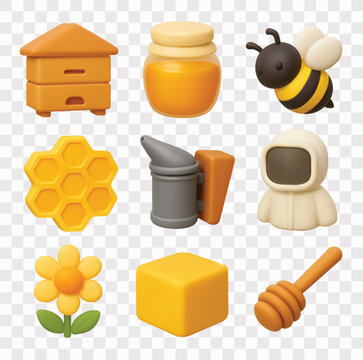 Beekeeping and Honey Production Vector Icon Set | 3D icon set | beehive box, jar of golden honey, honeybee, honeycomb, bee smoker, beekeeper suit,  yellow flower, cube of beeswax, honey dipper