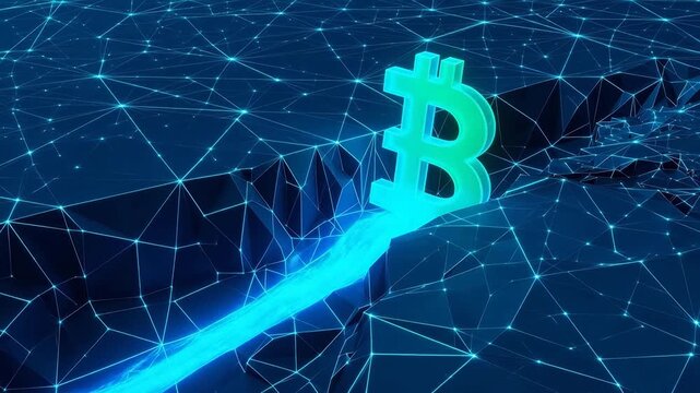 Digital Bitcoin symbol with glowing network perfect for real estate and architectural showcases