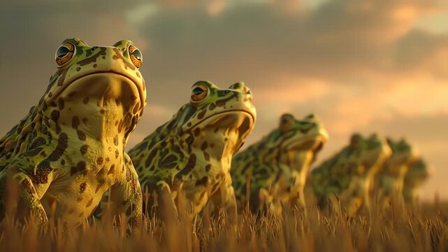 Row of Patterned Frogs Standing in Field at Sunset