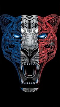 Cybernetic Panther Head with French Tricolor Flag Animation