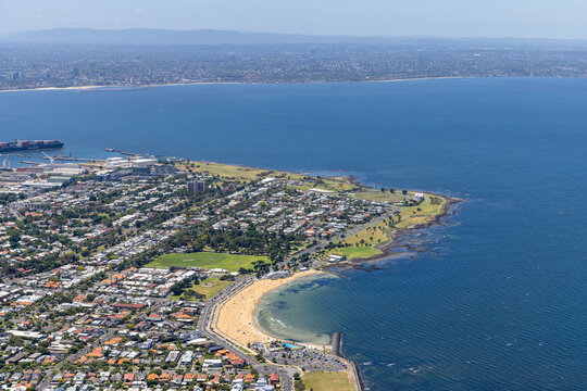 Williamstown aerial view of beach, harbour, residential area and shipping containers