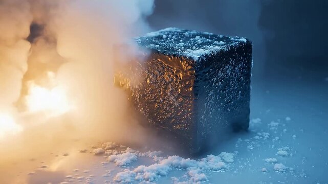 Ice cube with smoke and fire emphasizing urban lifestyle and city dynamics