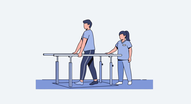 Physical therapy patient walking with parallel bars and nurse support