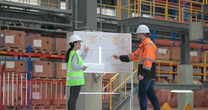 Rail engineers engaged in a planning and review session, focusing on a board displaying schedules, maintenance plans, and performance data of the rail systems. Ensuring efficient rail operations.
