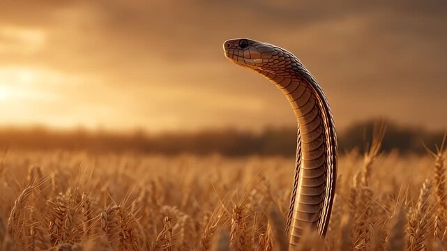 King cobra snake rising in golden wheat field at sunset