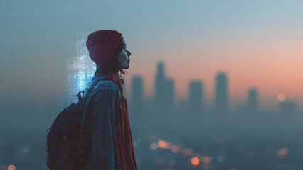 Obraz premium Young Woman with Backpack Gazing at City Skyline at Dusk