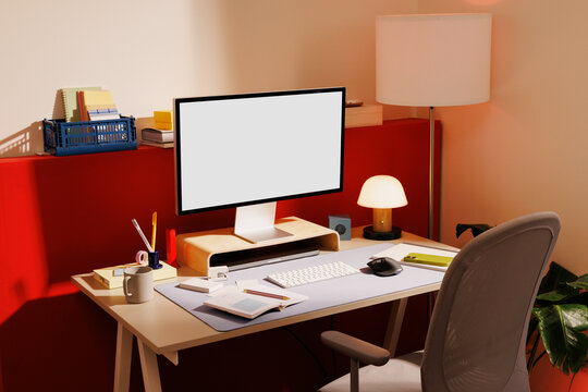 Desktop mockup with white screen in home office workspace