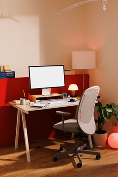 Desktop Mockup with White Screen in Home Office and Business Workspace
