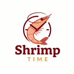 Naklejka premium Stylized graphic combining a freshly cooked shrimp with a clock icon, representing a fast and delicious seafood preparation or dining concept